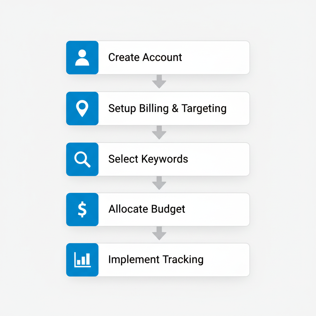 Vertical process flow diagram showing five steps to launch Google Ads for roofing companies, including account creation, targeting, keywords, budget, and tracking.