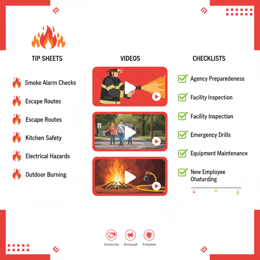Infographic illustrating fire safety resources including tip sheets with flame icons, video thumbnails with play buttons, and checklists with tick marks for agencies in Montgomery, Texas