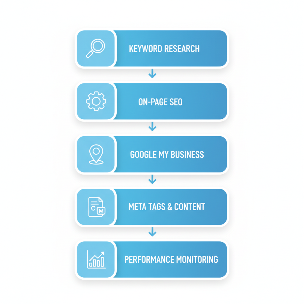 Vertical process flow diagram illustrating five key local SEO strategies for fire agency websites, featuring icons and brief labels.