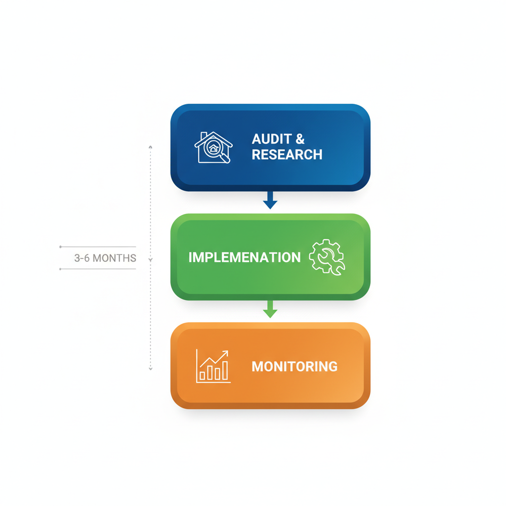 Vertical process flow diagram showing three phases of roofing SEO: initial audit and keyword research, implementation and optimization, monitoring and adjustments