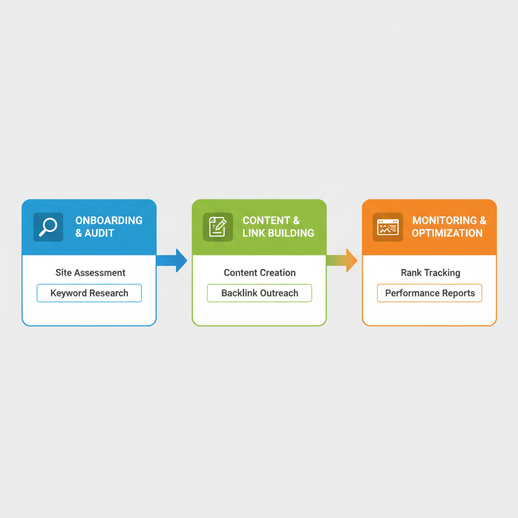 Horizontal process flow illustrating three stages of roofing SEO implementation from onboarding to optimization.
