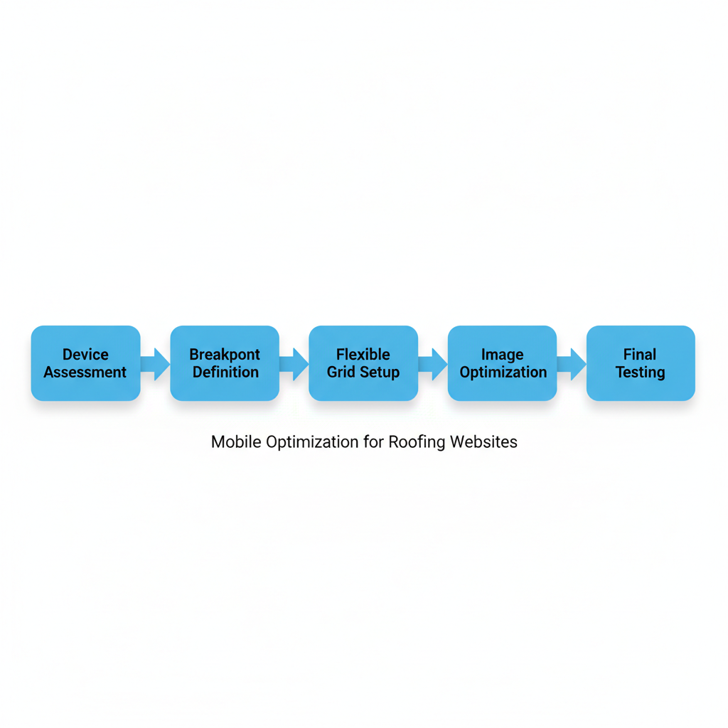 Horizontal process flow diagram illustrating steps for implementing mobile-responsive layouts in roofing websites