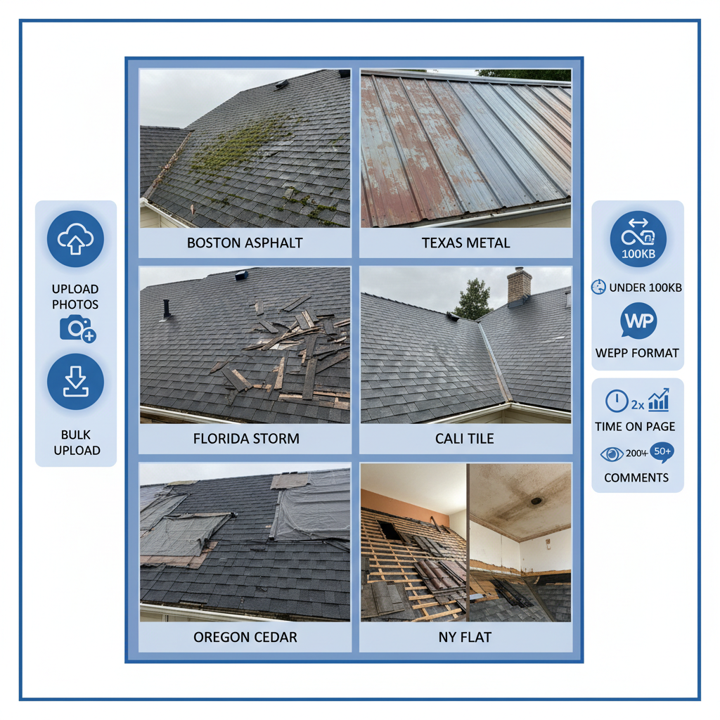 Infographic of sample visual gallery layout for roofing websites featuring image grid, upload icons, and optimization tips.