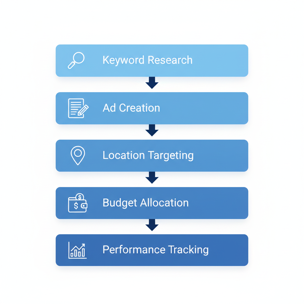 Vertical process flow diagram illustrating five steps for setting up Google Ads campaigns in the fire protection industry