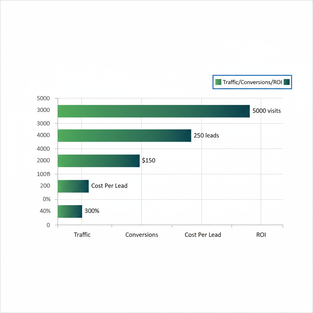 Bar chart illustrating key analytics metrics for fire protection ad campaigns: traffic, conversions, cost per lead, and ROI