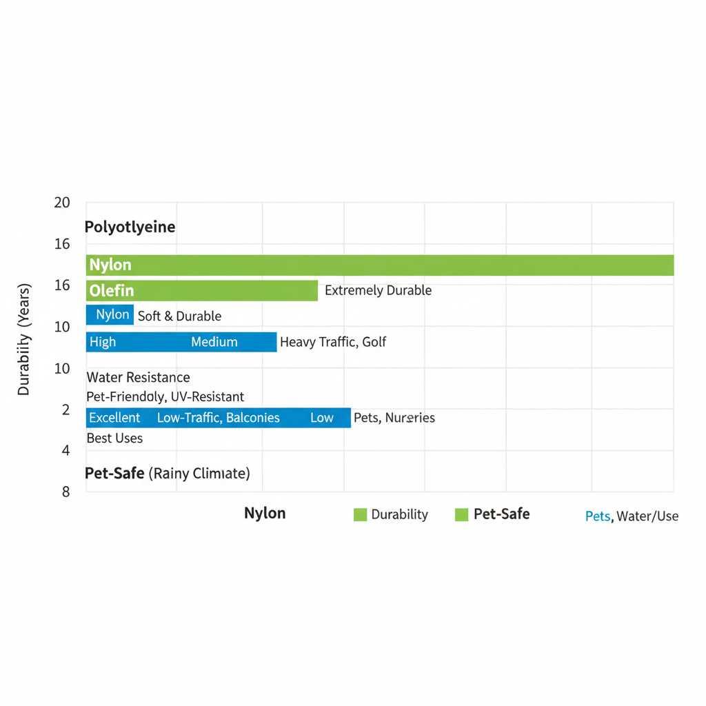 Horizontal bar chart comparing durability, water resistance, and features of artificial turf types Polyethylene, Nylon, Olefin, and Pet-Safe for Langley's climate