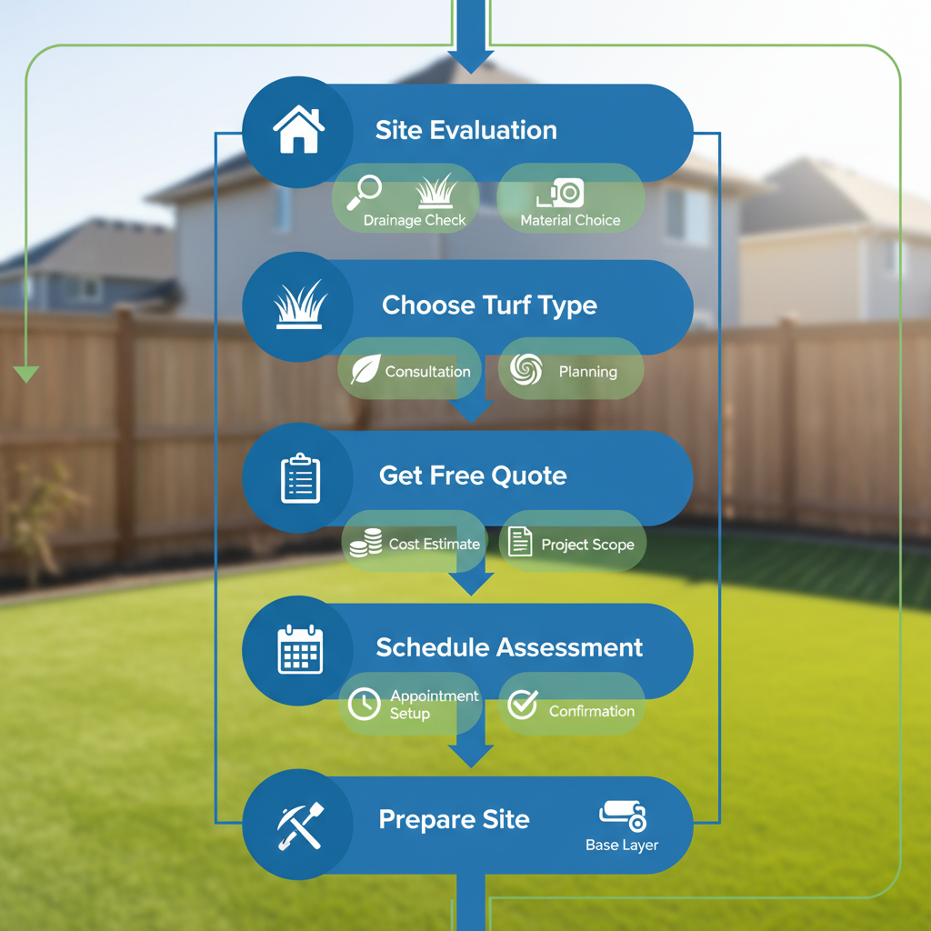 Vertical process flow diagram illustrating five key steps for artificial grass installation in Langley: site evaluation with house icon, turf type selection with grass sample, free quote with clipboard, assessment scheduling with calendar, and site preparation with shovel.