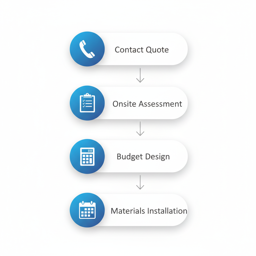 Vertical process flow diagram illustrating four key steps to start a landscaping project in Langley with icons for contact, assessment, planning, and timeline