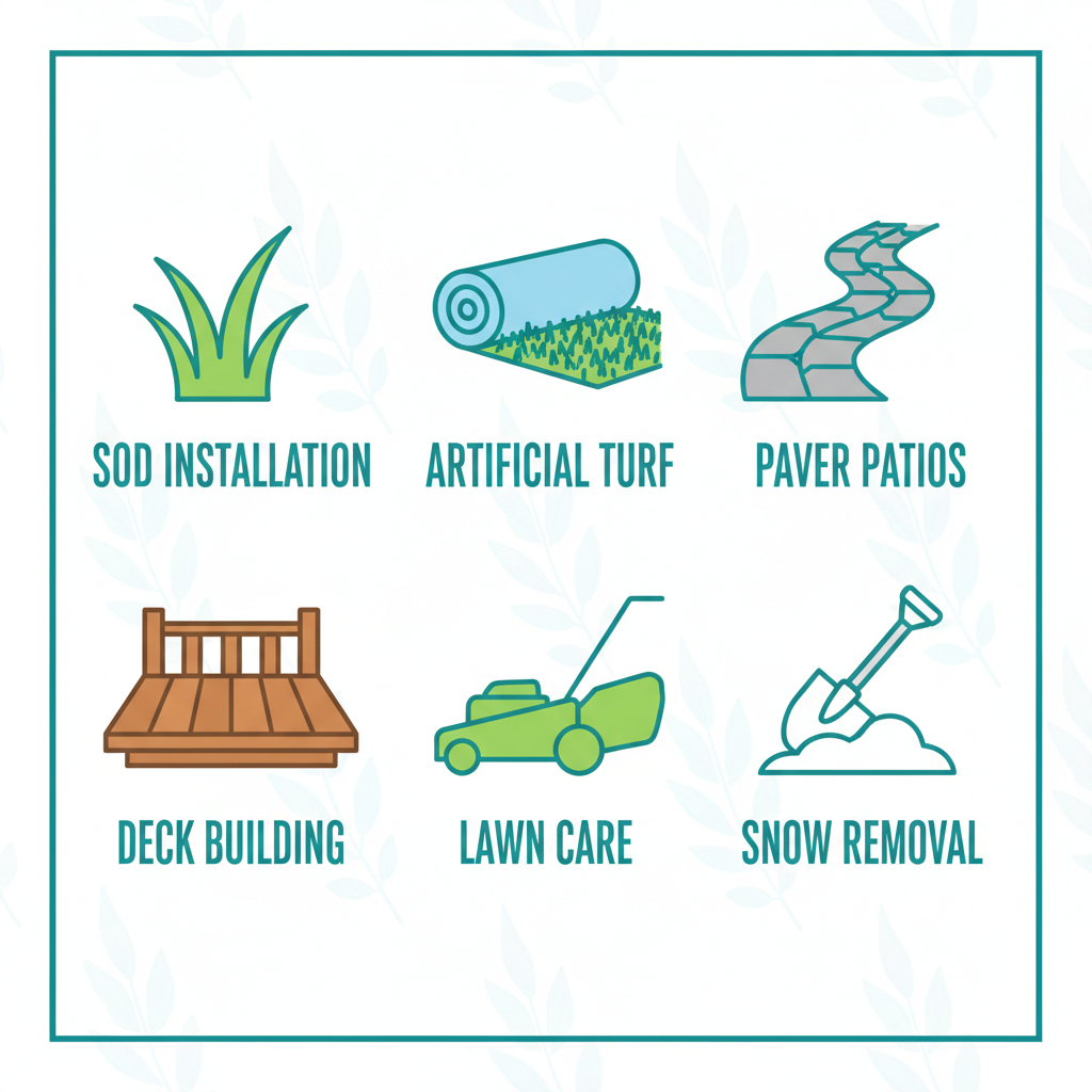 Grid of icons illustrating landscaping services: sod installation, artificial turf, paver patios, deck building, lawn care, and snow removal