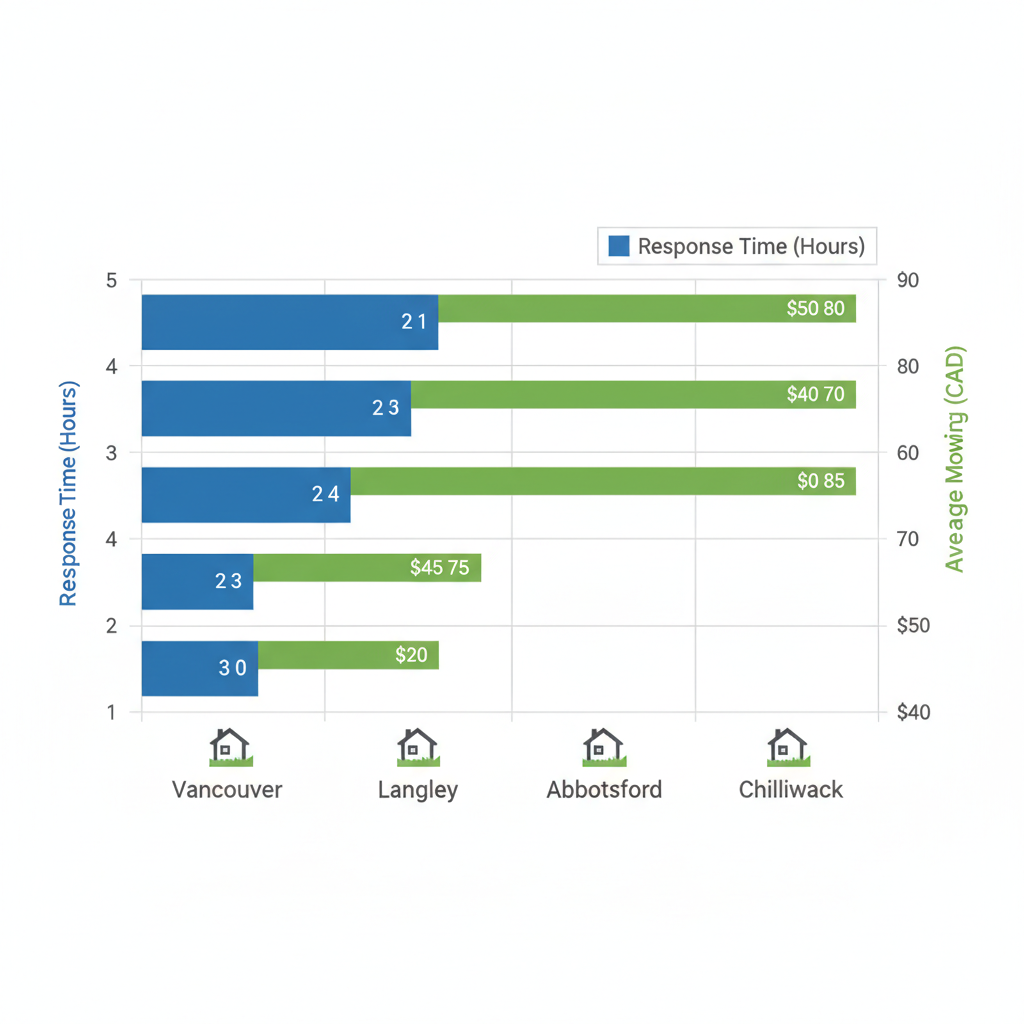 Horizontal bar chart comparing response times and costs for same-day lawn services in Vancouver, Langley, Abbotsford, and Chilliwack regions