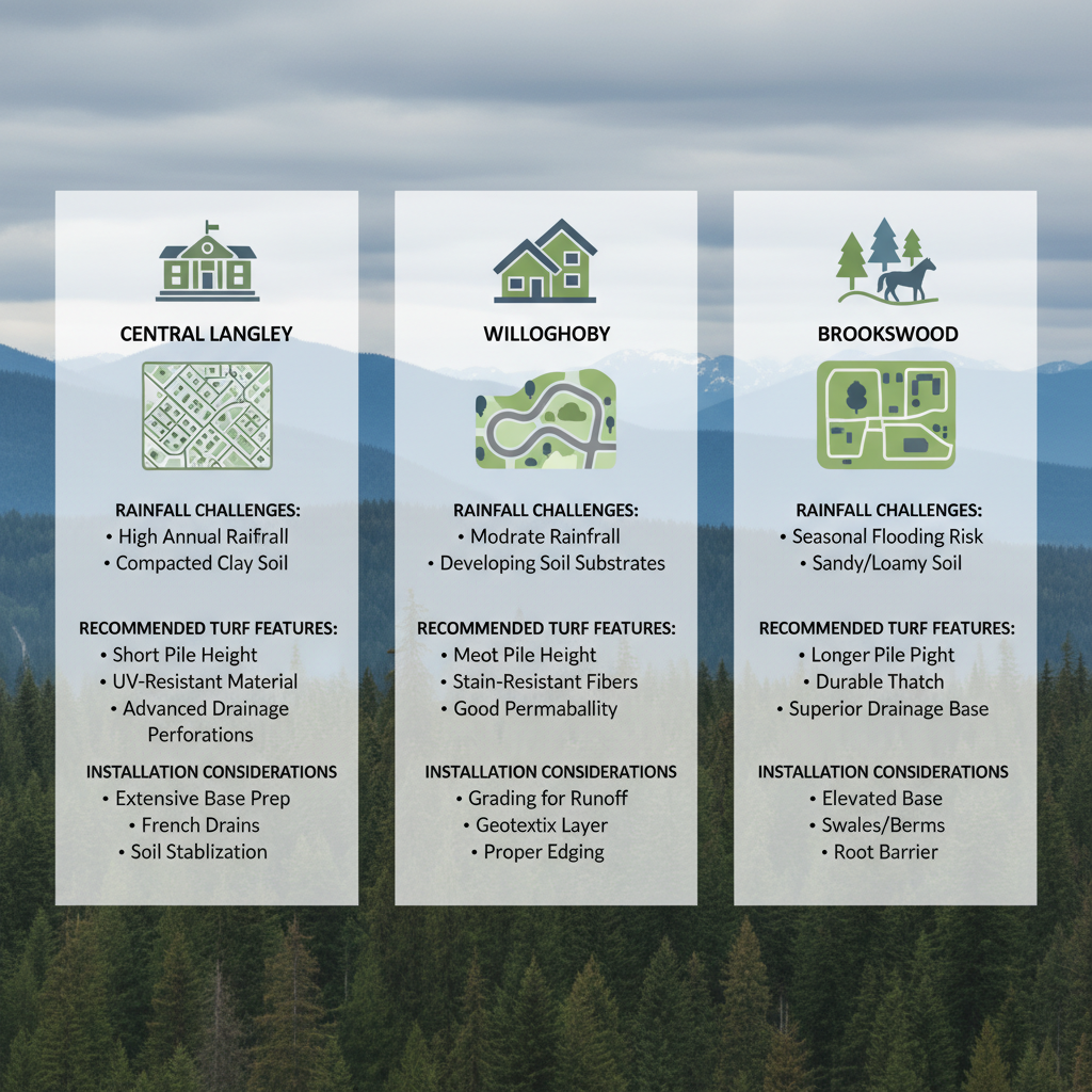 Infographic showing artificial turf options and challenges for different Langley neighborhoods