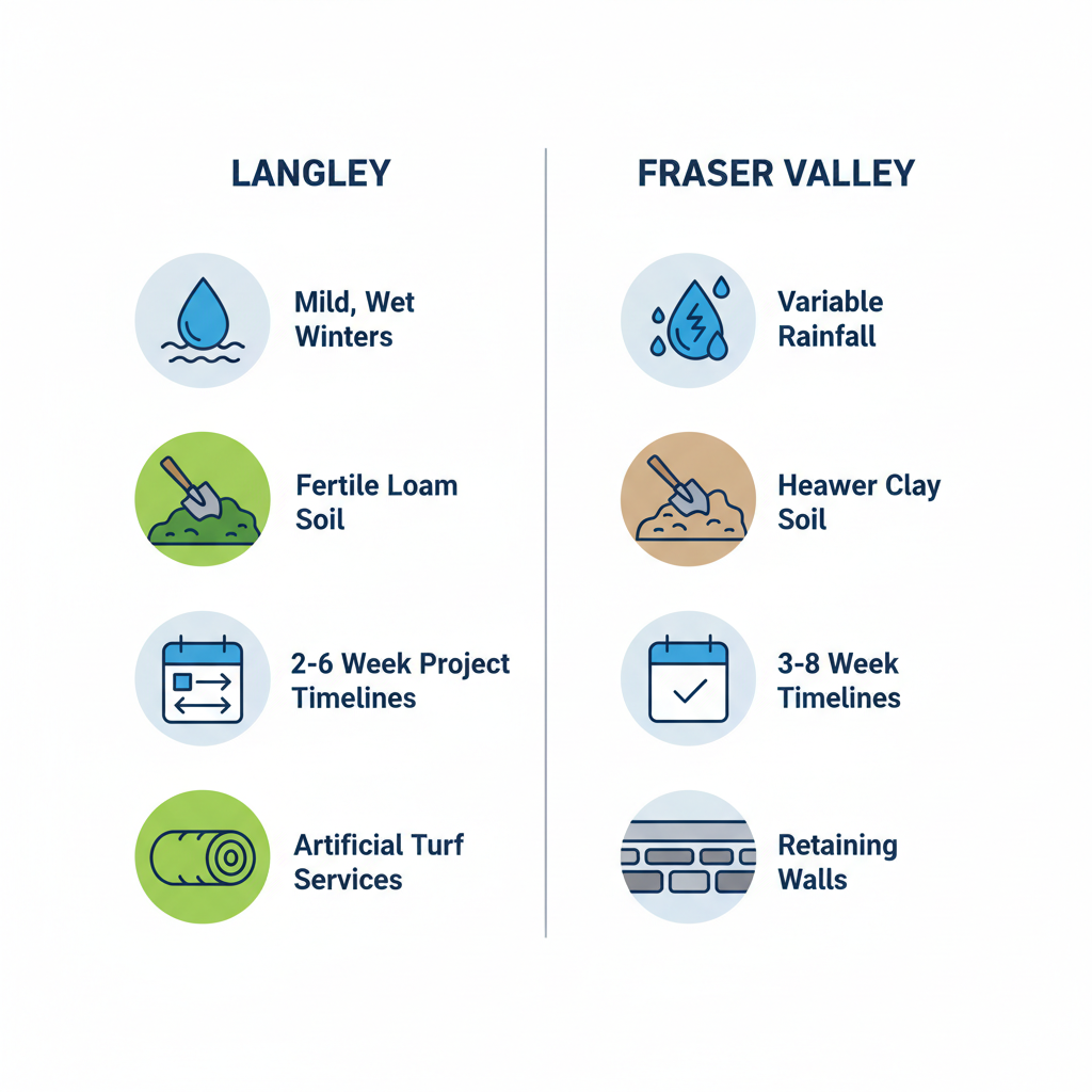 Infographic comparing climate, soil types, project timelines, and popular services in Langley versus Fraser Valley landscaping