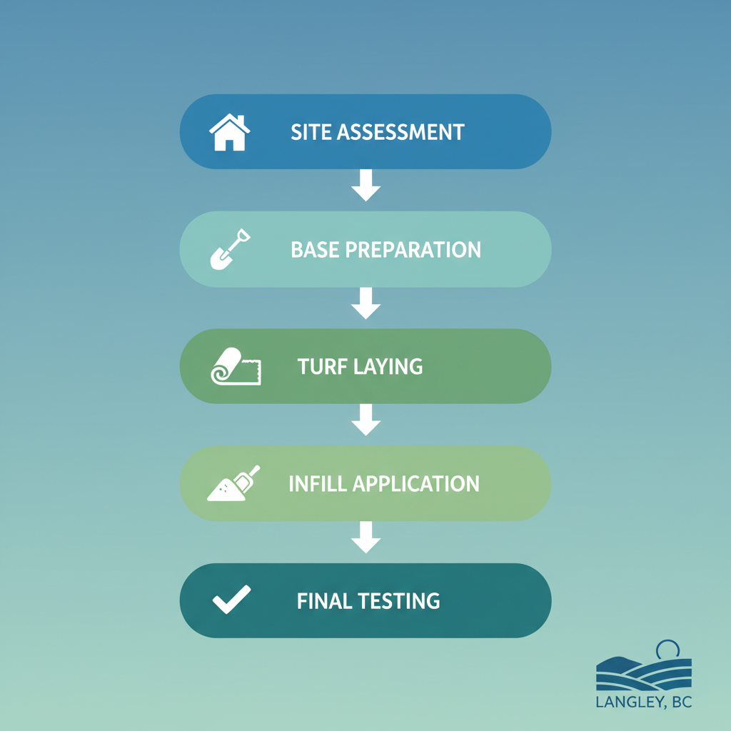 Vertical process flow diagram illustrating five key steps for artificial turf installation in Langley with icons and labels