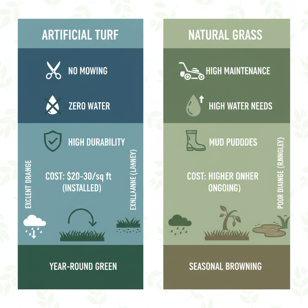 Infographic comparing artificial turf advantages over natural grass in Langley rainy climate with icons for maintenance, water, durability, costs, and aesthetics