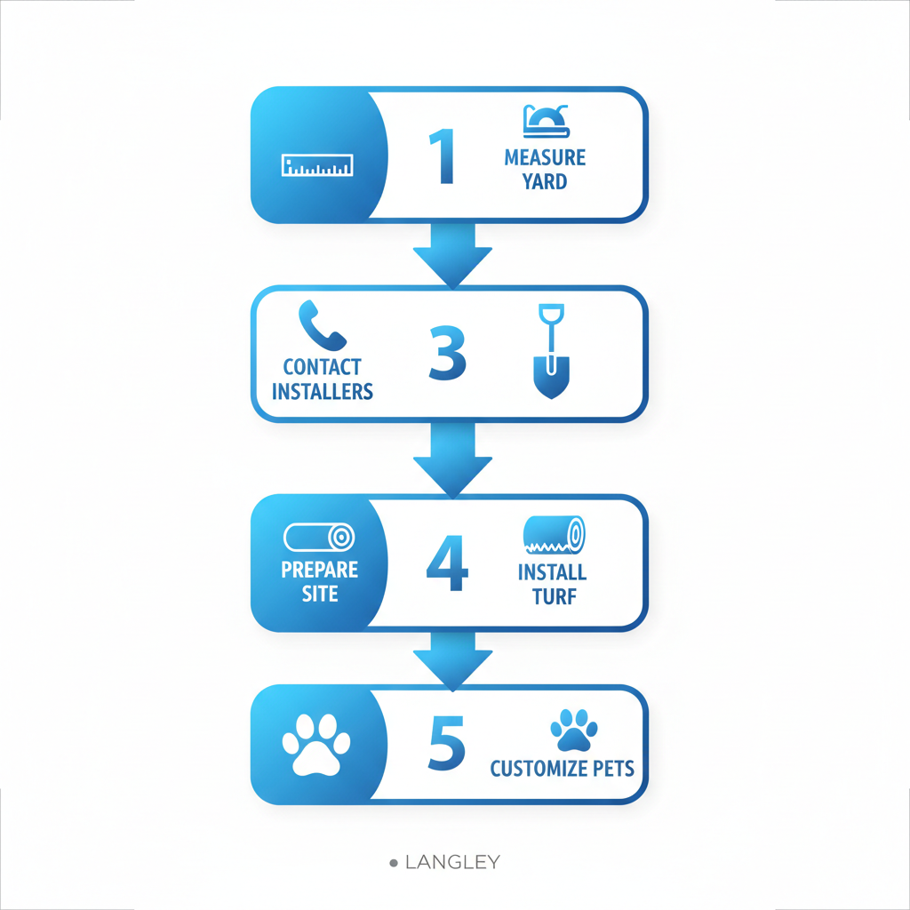 Vertical process flow diagram outlining five key steps for installing dog-friendly artificial turf in Langley