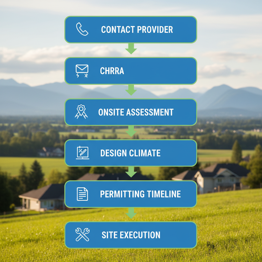 Vertical process flow diagram illustrating five steps to begin a landscaping project in Langley: contact, assessment, design, permitting, and execution