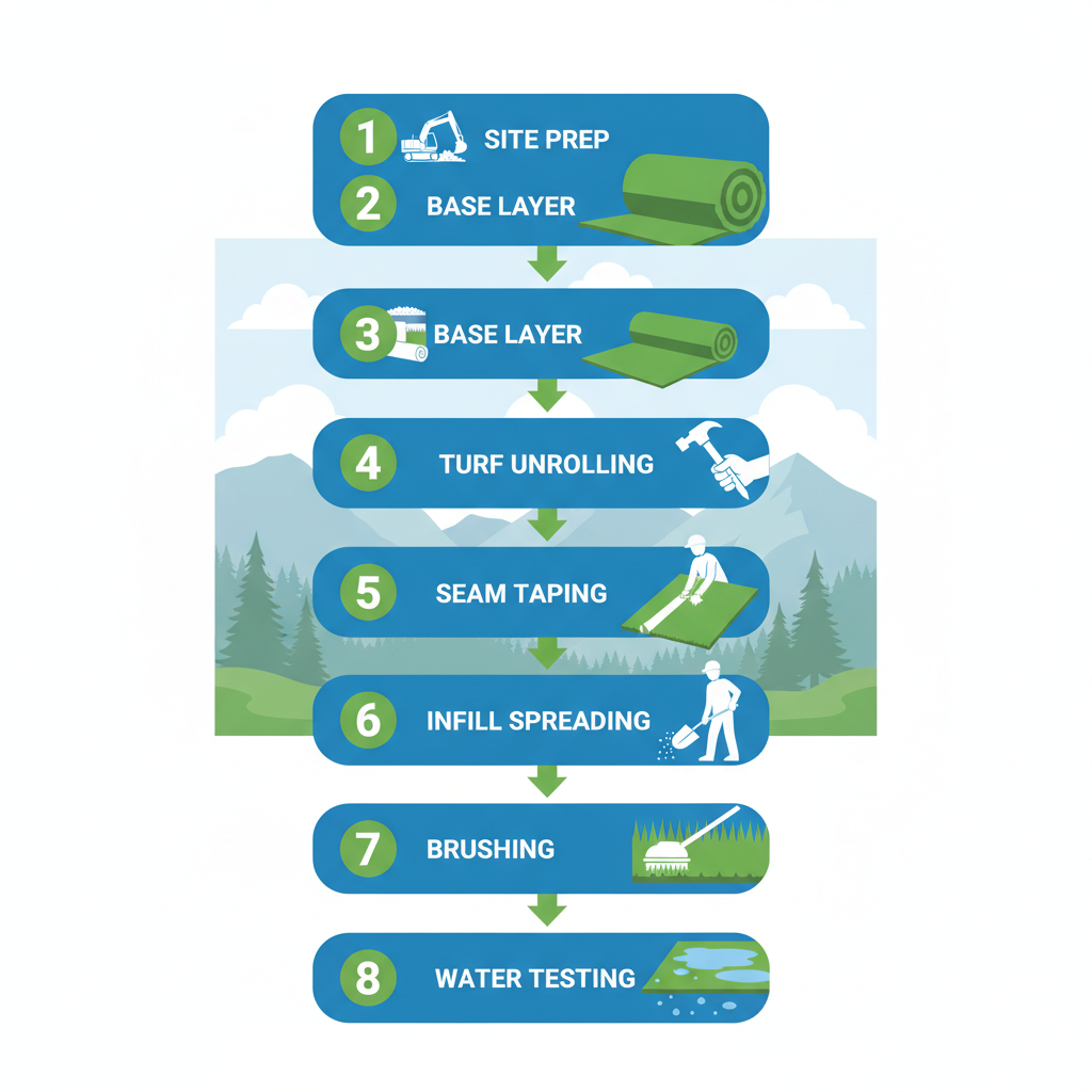Vertical process flow diagram illustrating the eight key steps of artificial grass installation for Canadian climates, featuring icons and minimal labels.