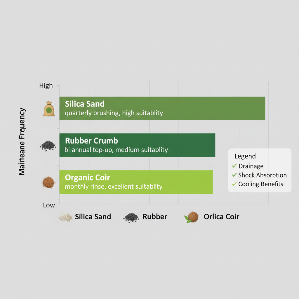 Horizontal bar chart comparing maintenance frequencies of Silica Sand, Rubber Crumb, and Organic Coir infills for artificial grass in BC.
