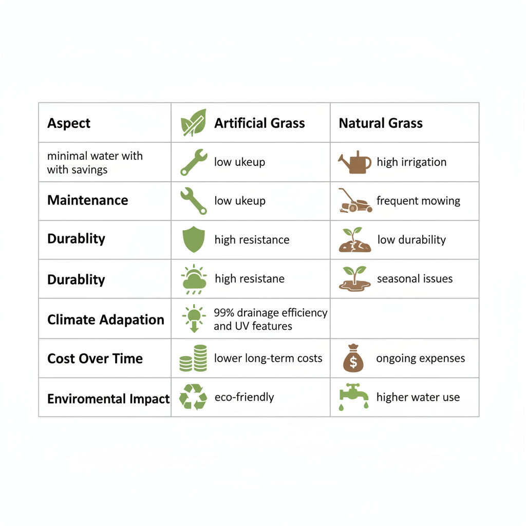 Infographic table comparing artificial turf and natural grass in Surrey's climate across water usage, maintenance, durability, adaptation, costs, and environmental impact.