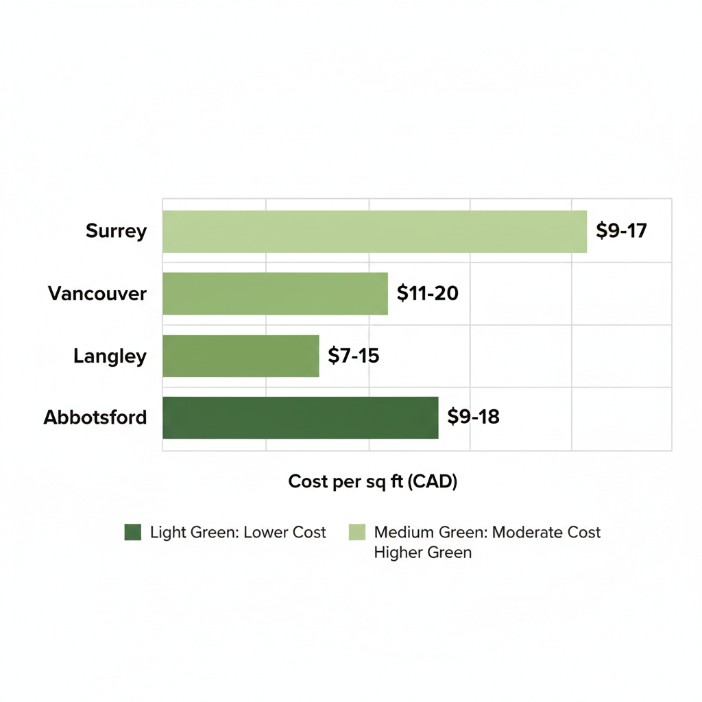 Horizontal bar chart comparing artificial grass costs per square foot in Surrey, Vancouver, Langley, and Abbotsford areas of British Columbia.