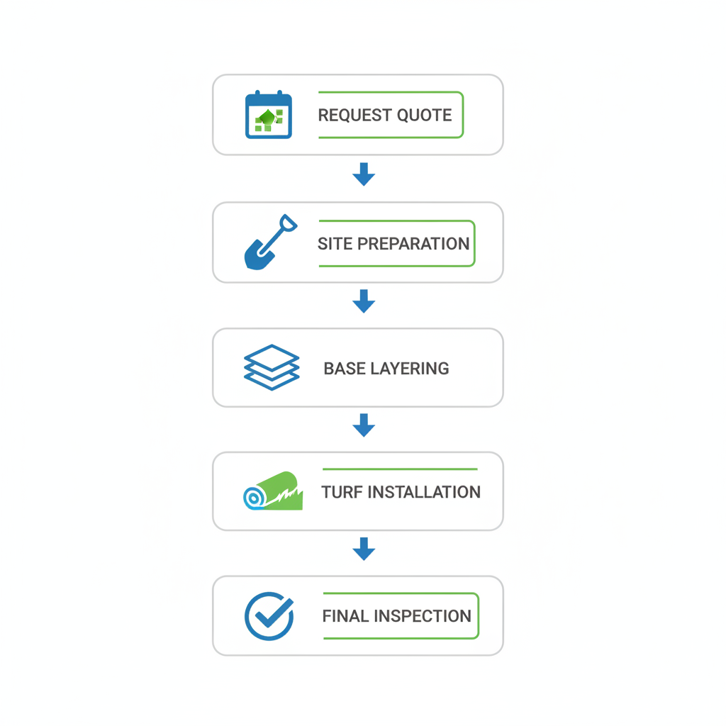 Vertical process flow diagram illustrating five steps for artificial grass installation in Surrey, including site assessment, preparation, base layering, turf placement, and inspection.