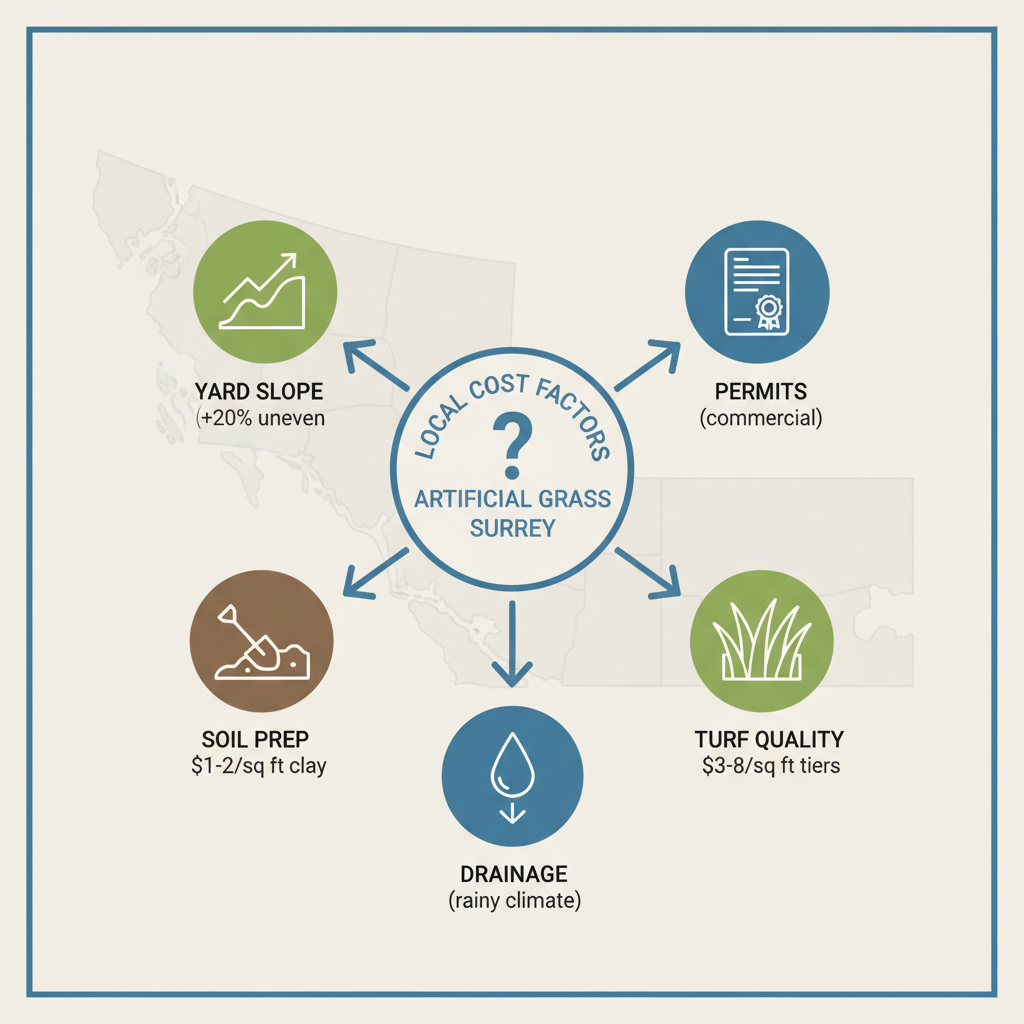 Infographic showing key local factors affecting artificial grass costs in Surrey: slope, soil preparation, permits, turf quality, and drainage.