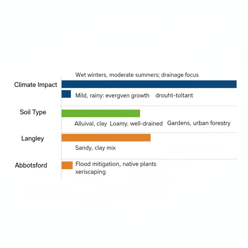 Horizontal bar chart comparing climate impact, soil type, and common projects in Chilliwack, Langley, and Abbotsford