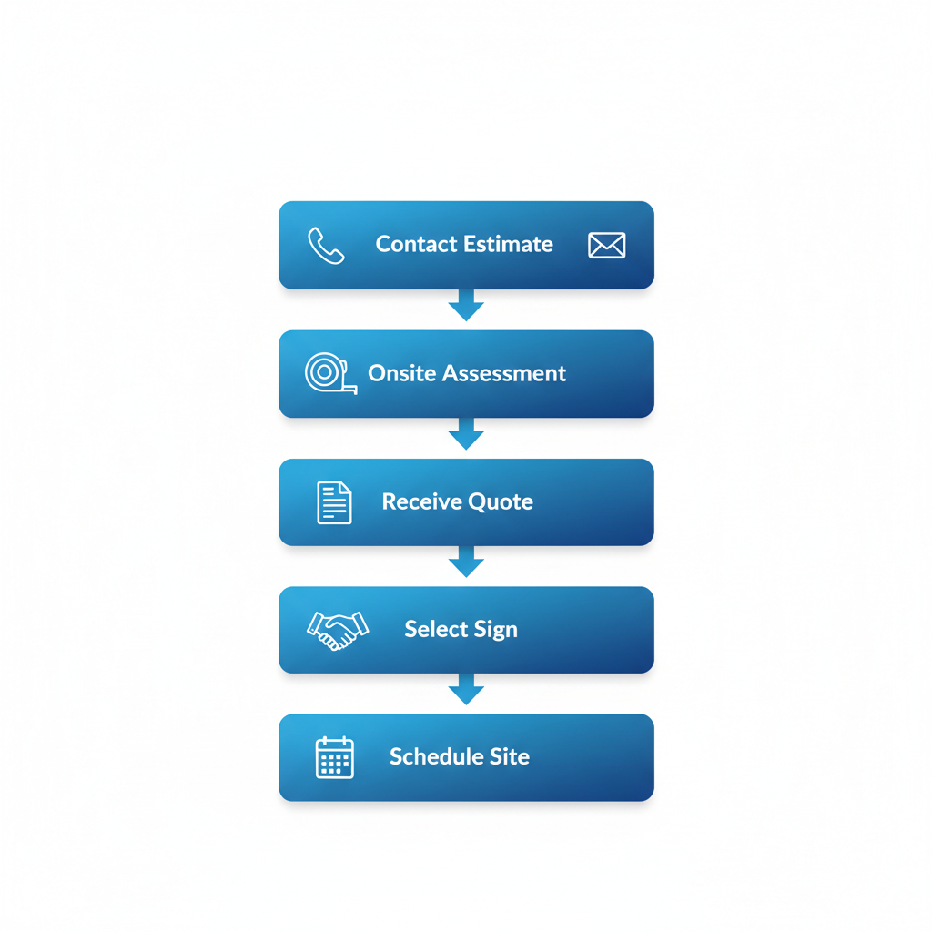 Vertical process flow diagram illustrating five key steps for starting a Chilliwack landscaping project with icons and brief labels