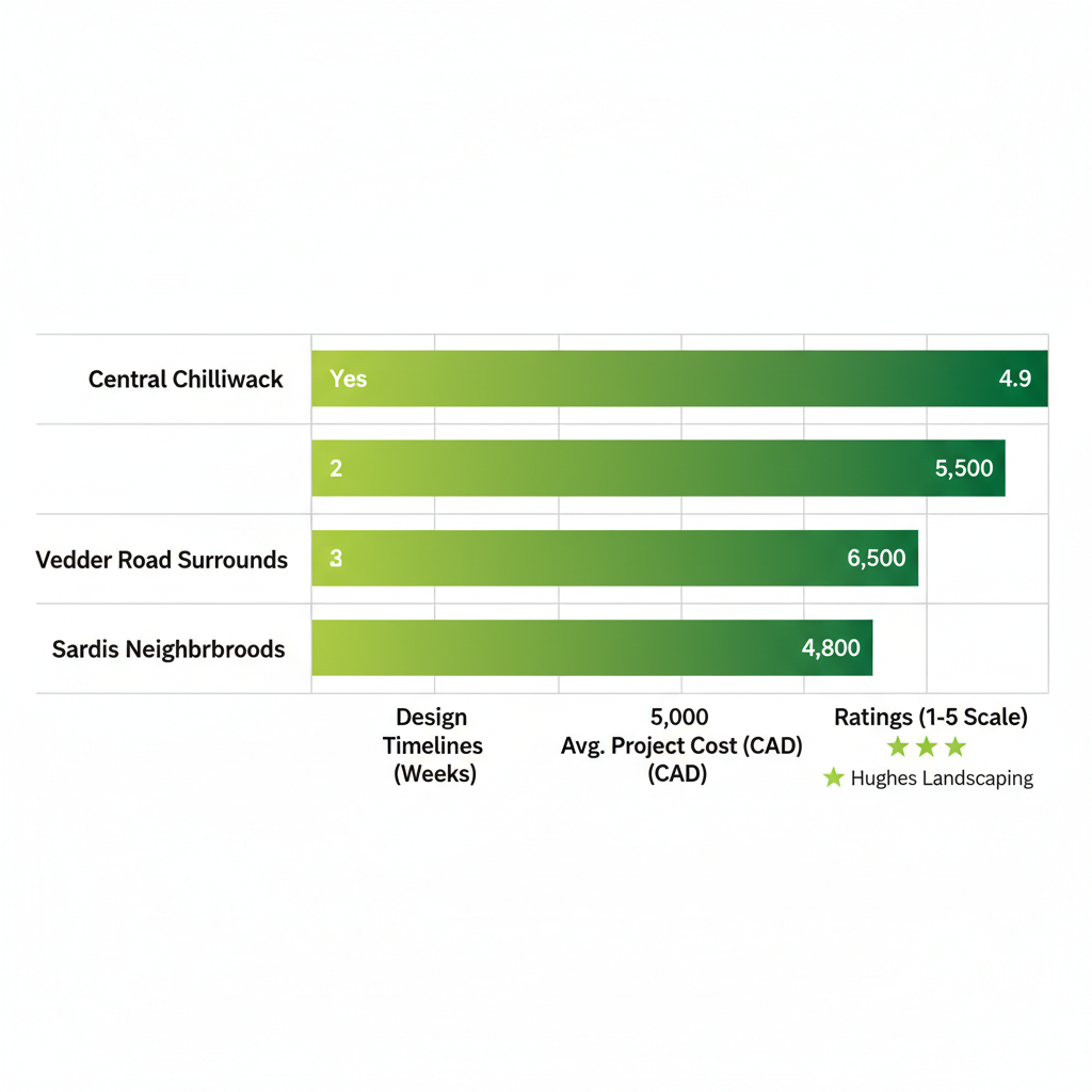 Horizontal bar chart comparing landscaping services in Chilliwack sub-areas including ratings for Hughes Landscaping.