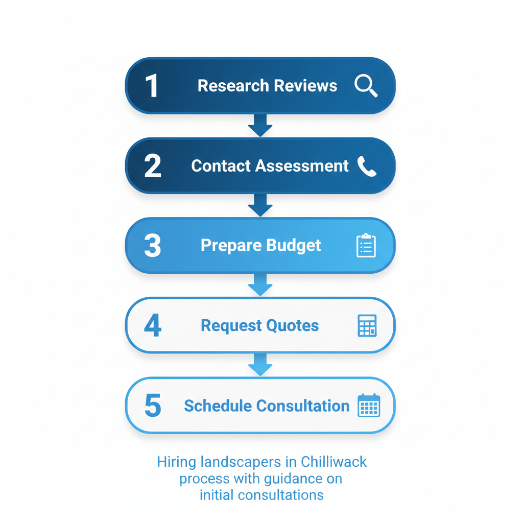 Vertical process flow diagram illustrating five steps to hire landscapers in Chilliwack, featuring icons for research, contact, preparation, quotes, and scheduling.