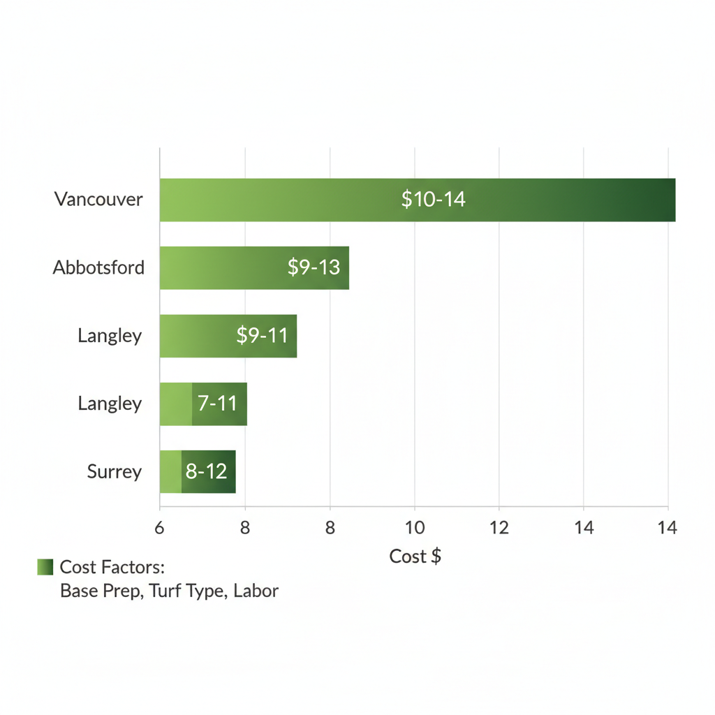 Horizontal bar chart comparing artificial grass installation costs per square foot in Surrey, Langley, Abbotsford, and Vancouver areas of Fraser Valley.