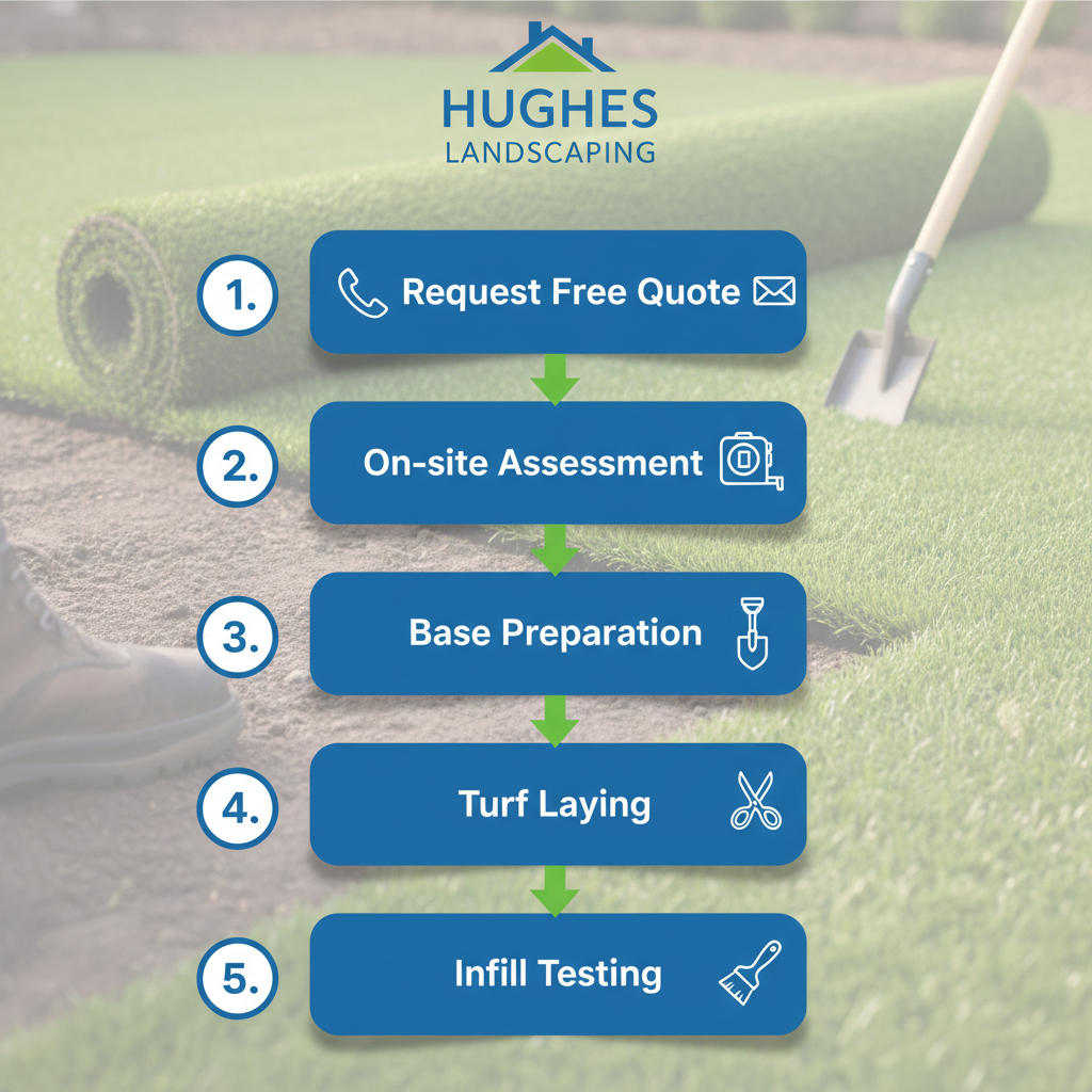 Vertical process flow diagram illustrating five steps for artificial grass installation: requesting quote, on-site assessment, base preparation, turf laying and seaming, infill and testing