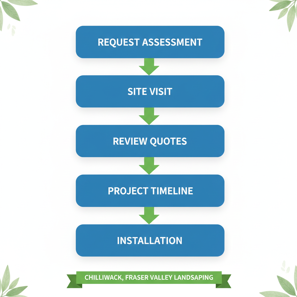 Vertical process flow diagram illustrating the five key stages to initiate a landscaping project in Chilliwack.