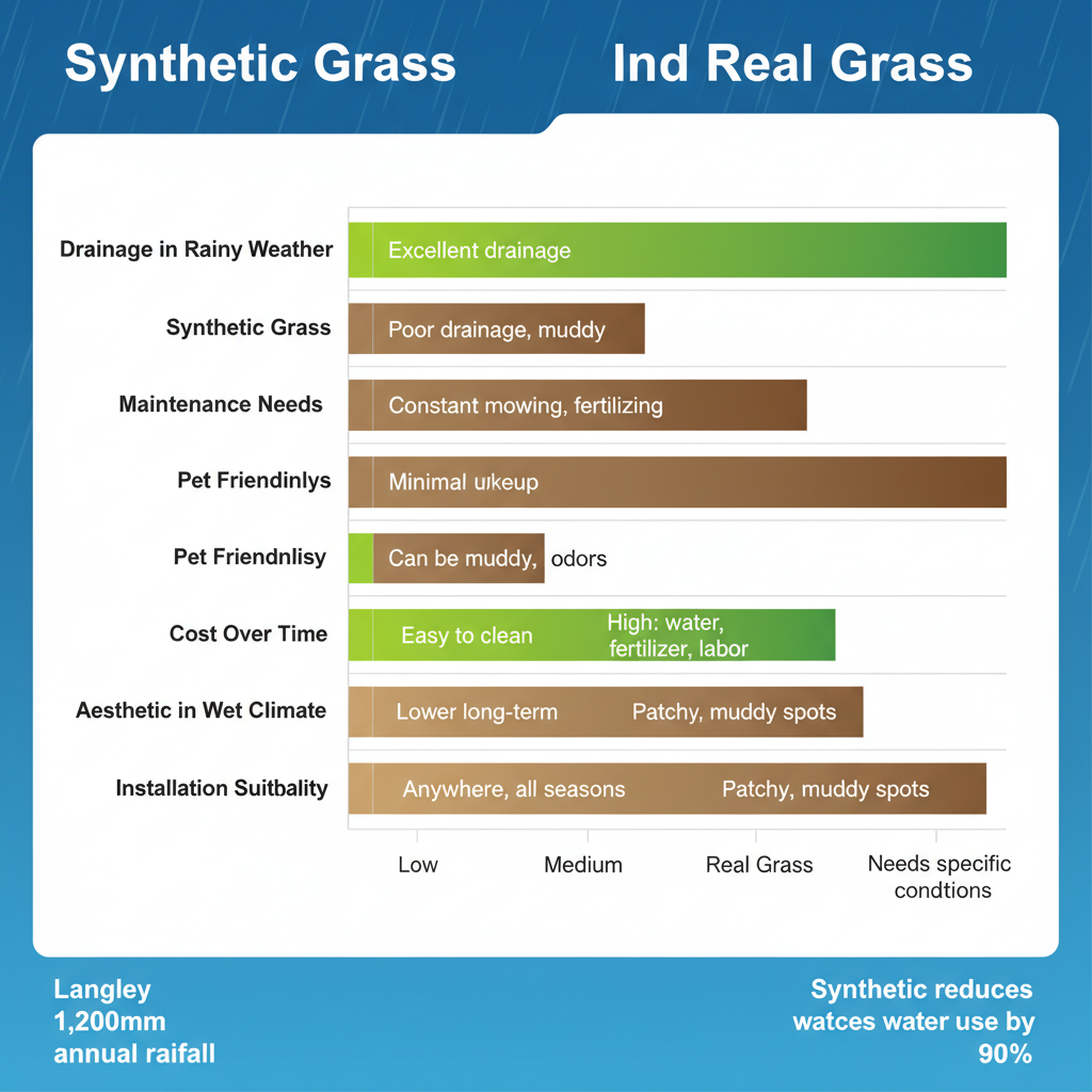 Horizontal bar chart comparing synthetic and real grass performance in Langley's climate