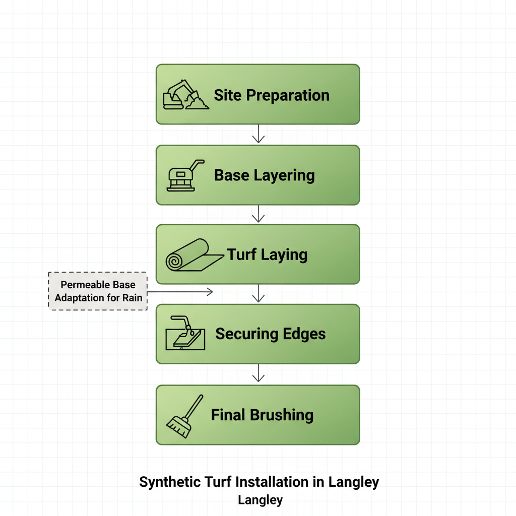 Process flow diagram showing five stages of synthetic turf installation in Langley: site preparation, base layering, turf laying, securing edges, and final brushing