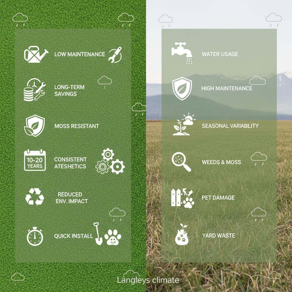 Infographic comparing artificial and natural grass options for Langley's climate and maintenance needs