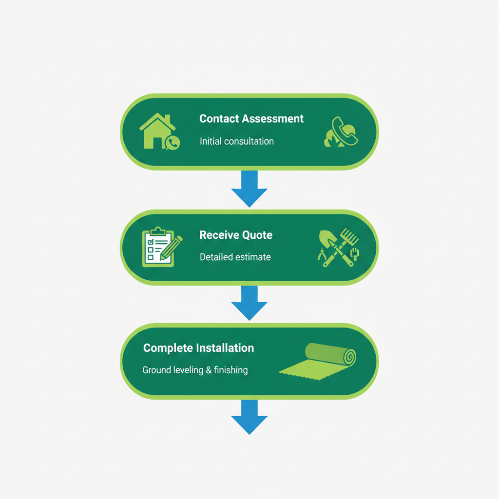 Vertical process flow chart showing four steps for artificial turf installation in Langley with icons and green accents.