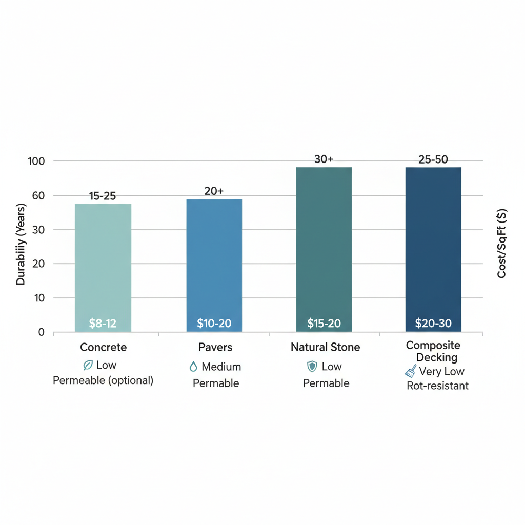 Bar chart comparing patio materials in Langley by durability, cost, and maintenance