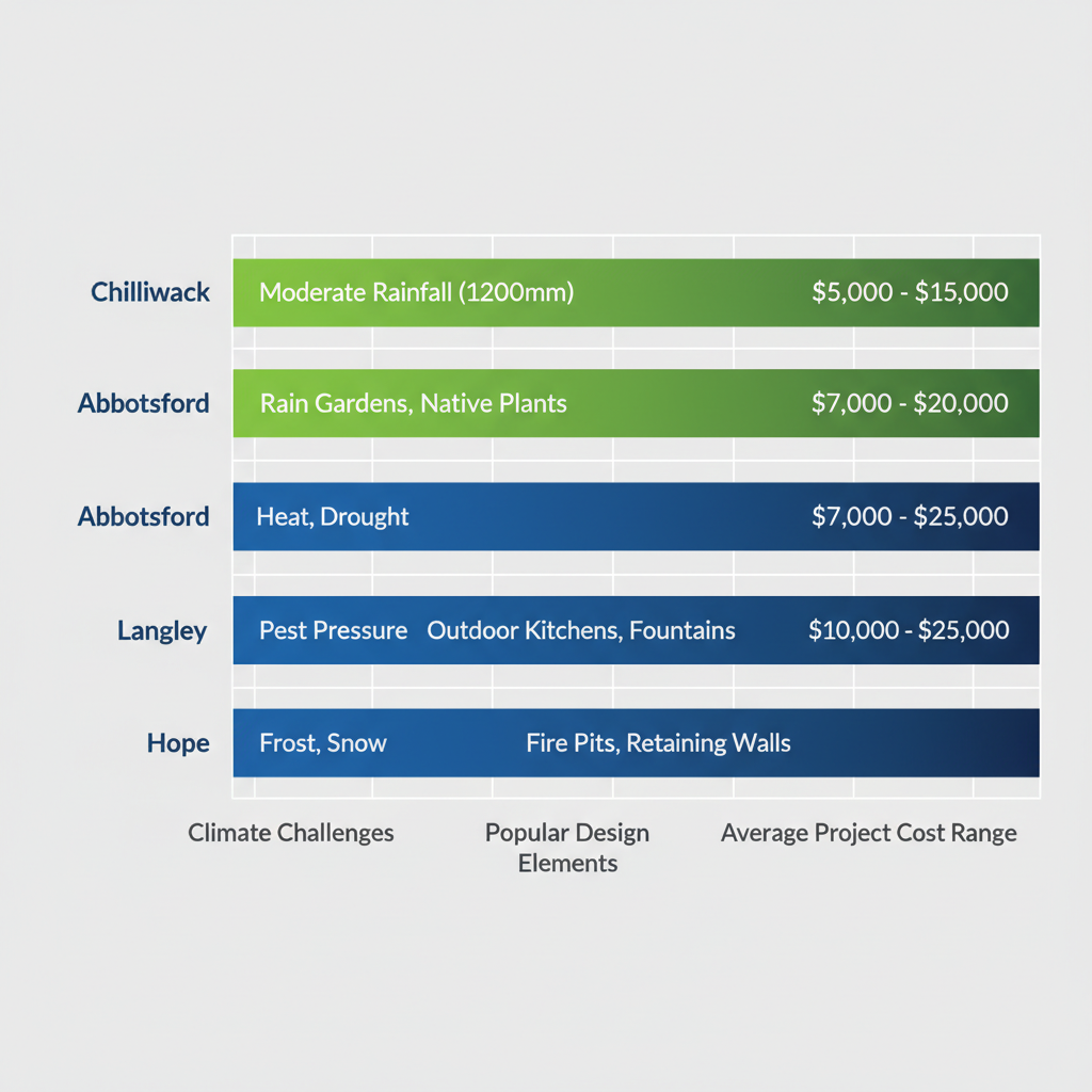 Horizontal bar chart comparing climate challenges, design elements, and project costs in Fraser Valley areas including Chilliwack