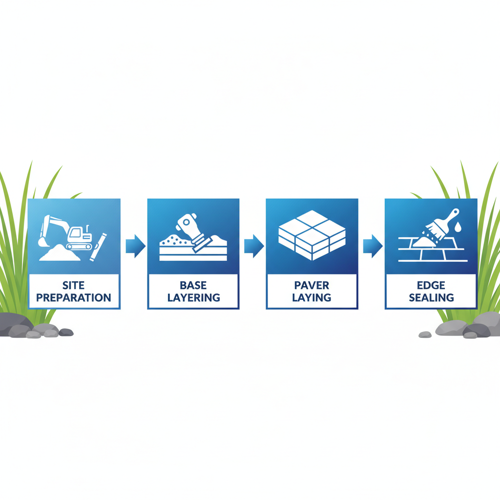 Horizontal process flow diagram showing four steps of paver patio installation: site preparation, base layering, paver pattern laying, and edge restraints with sealing