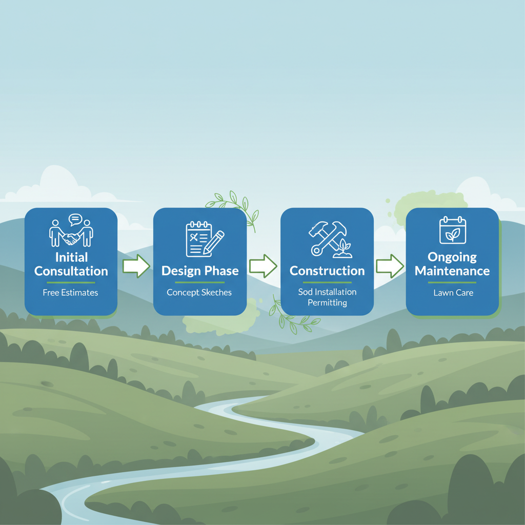 Horizontal process flow diagram illustrating four stages of landscape services: consultation, design, construction, and maintenance in Chilliwack