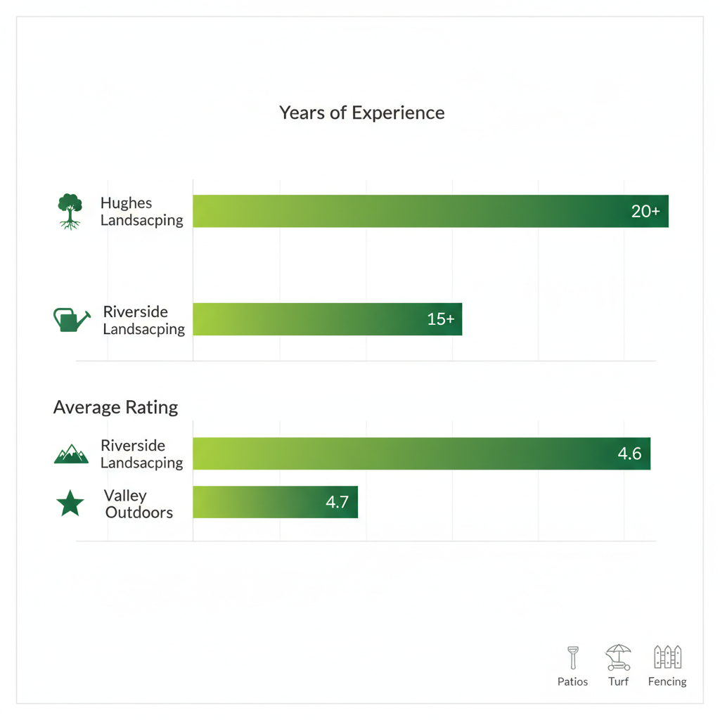 Horizontal bar chart comparing years of experience and average ratings for top landscaping companies in Chilliwack, featuring Hughes Landscaping, Riverside Landscaping, and Valley Outdoors with service icons.
