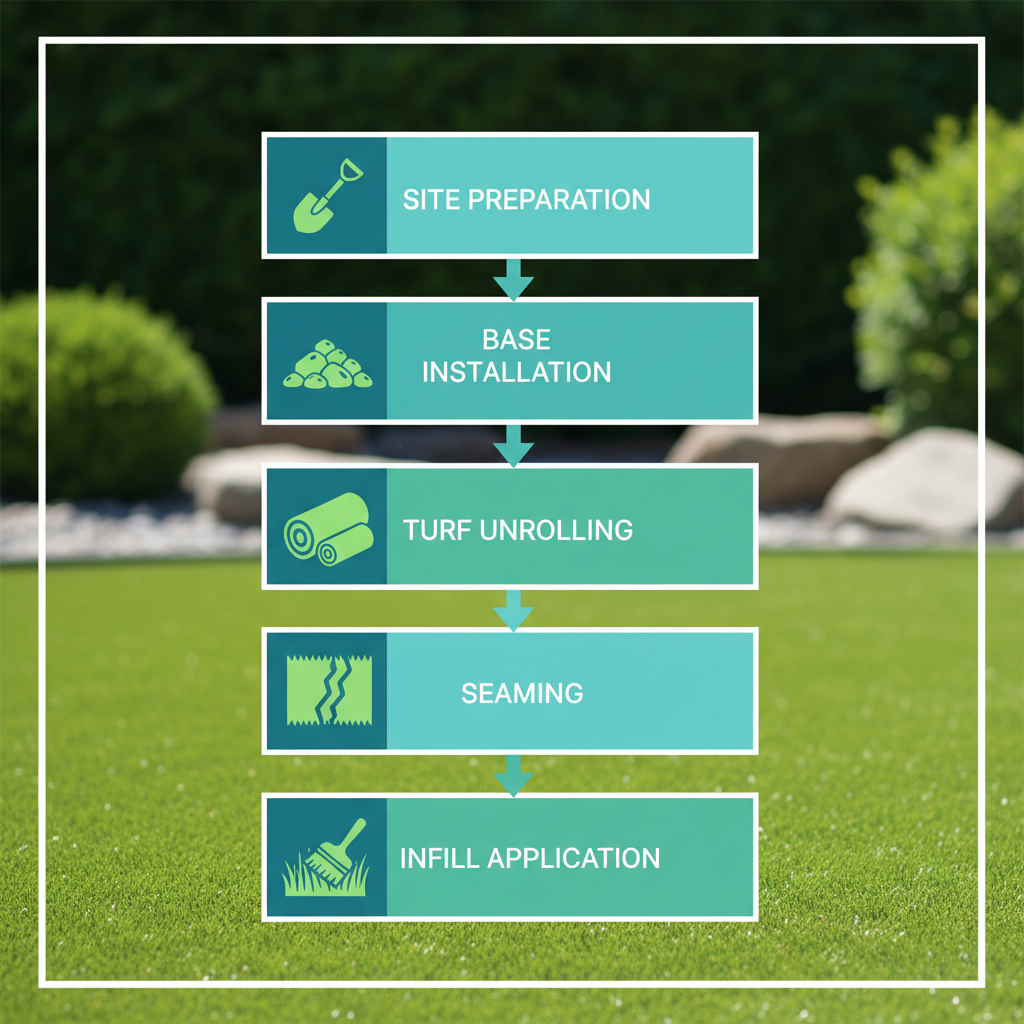 Vertical process flow illustrating the five main stages of synthetic grass installation in a backyard with icons and arrows.