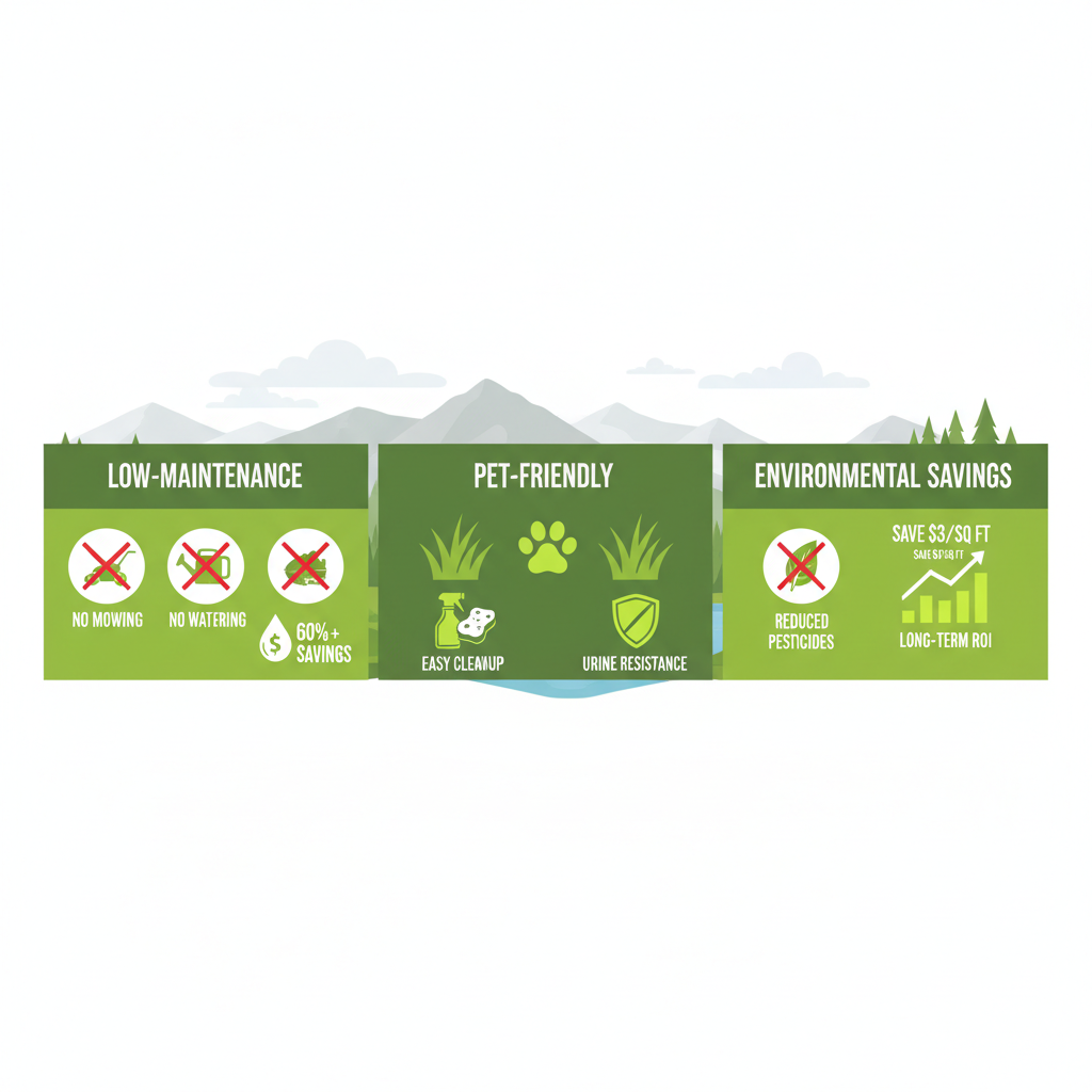 Infographic highlighting low-maintenance, pet-friendly, and environmental benefits of synthetic grass for Canadian backyards