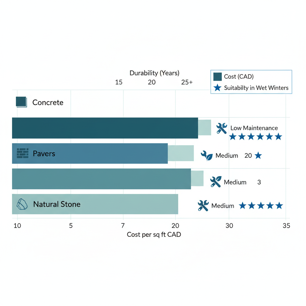 Horizontal bar chart comparing patio materials concrete, pavers, and natural stone by cost, durability, maintenance, and suitability for Langley British Columbia climate