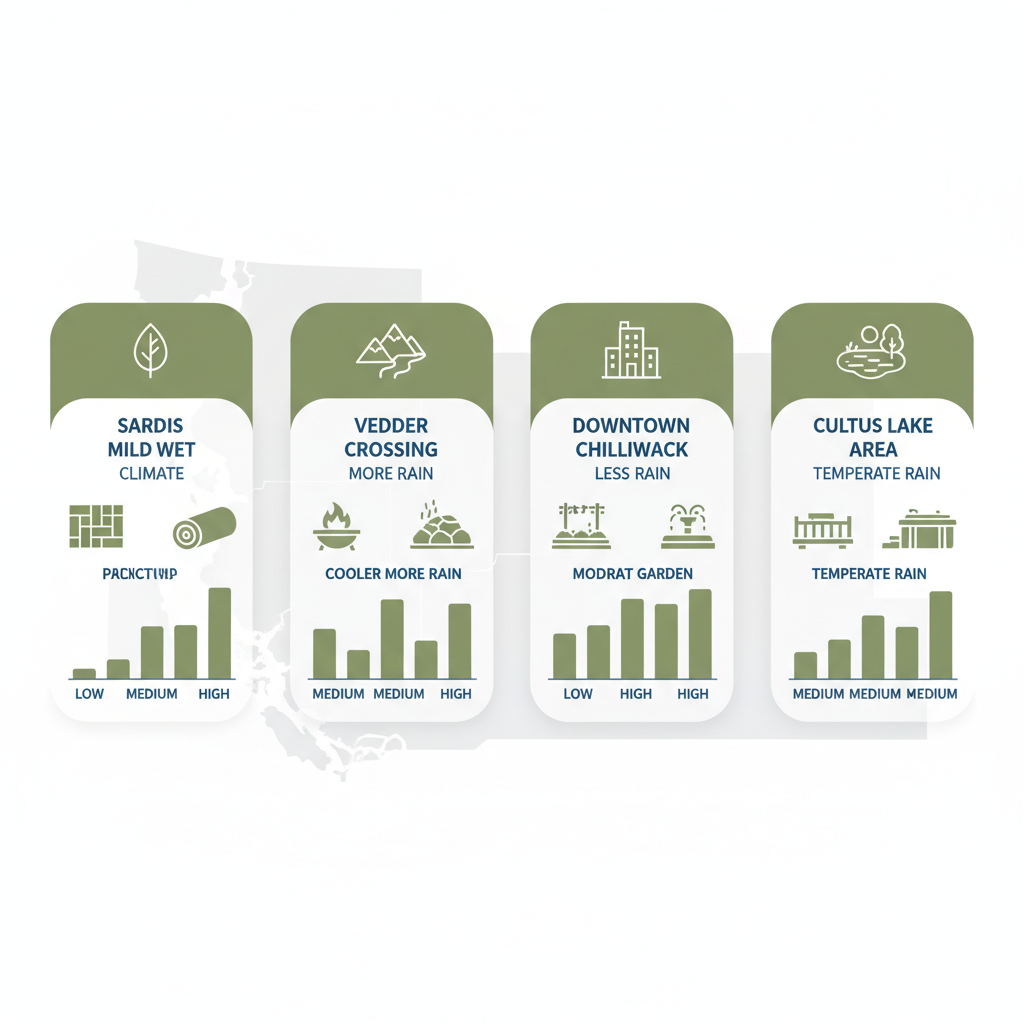 Infographic illustrating comparison of Sardis, Vedder Crossing, Downtown Chilliwack, and Cultus Lake Area for landscape design features, climate, and service density