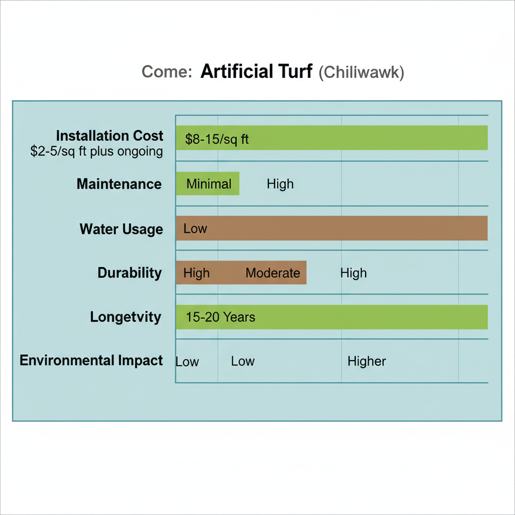 Horizontal bar chart comparing key aspects of artificial turf versus natural sod in Chilliwack