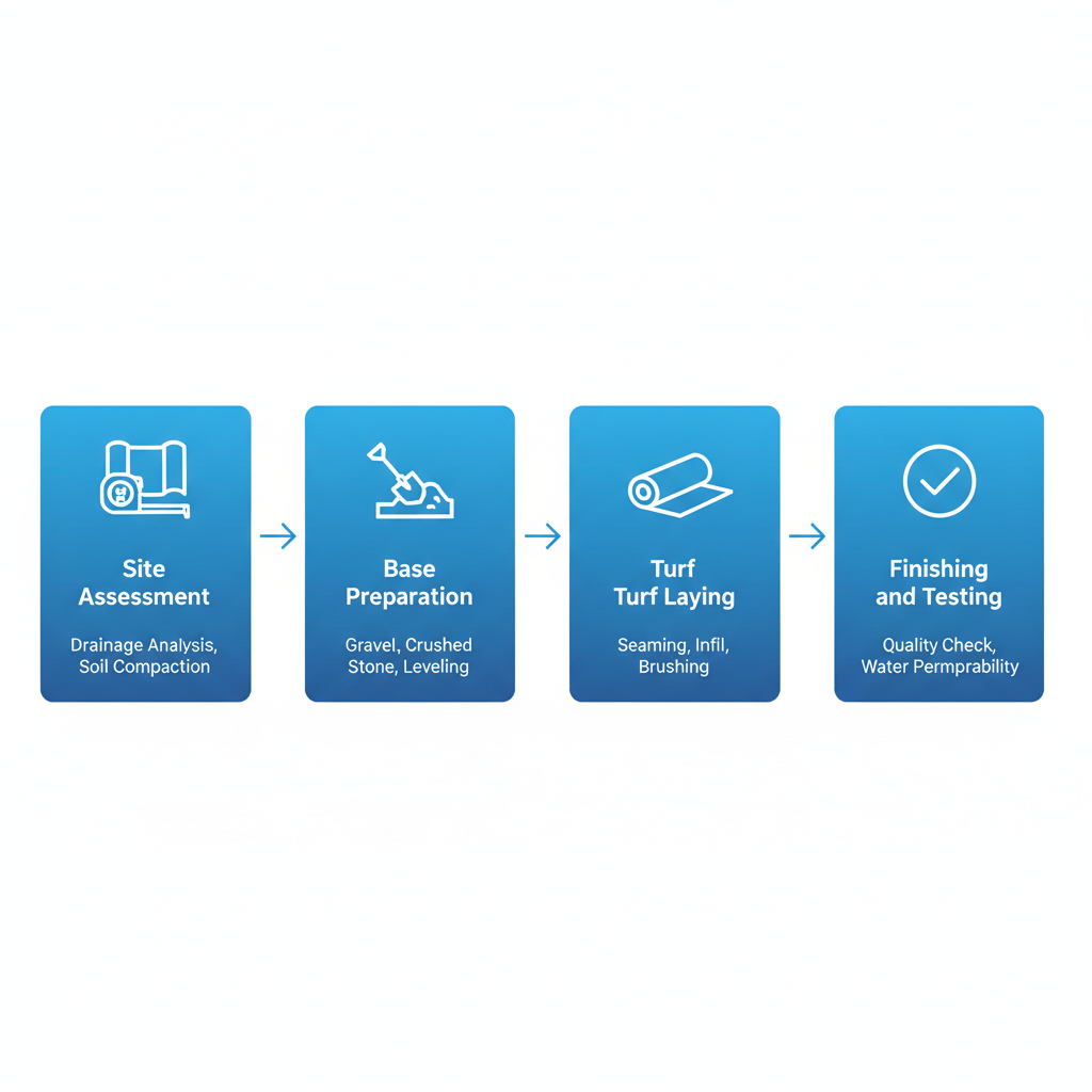 Process flow diagram of artificial turf installation in Chilliwack with four stages: site assessment with measuring tape, base preparation with shovel, turf laying with grass roll, and finishing with checkmark.