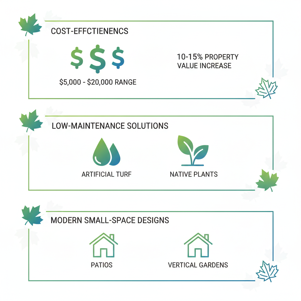 Infographic illustrating key benefits of backyard landscaping in Langley, focusing on cost-effectiveness, low maintenance, and modern designs
