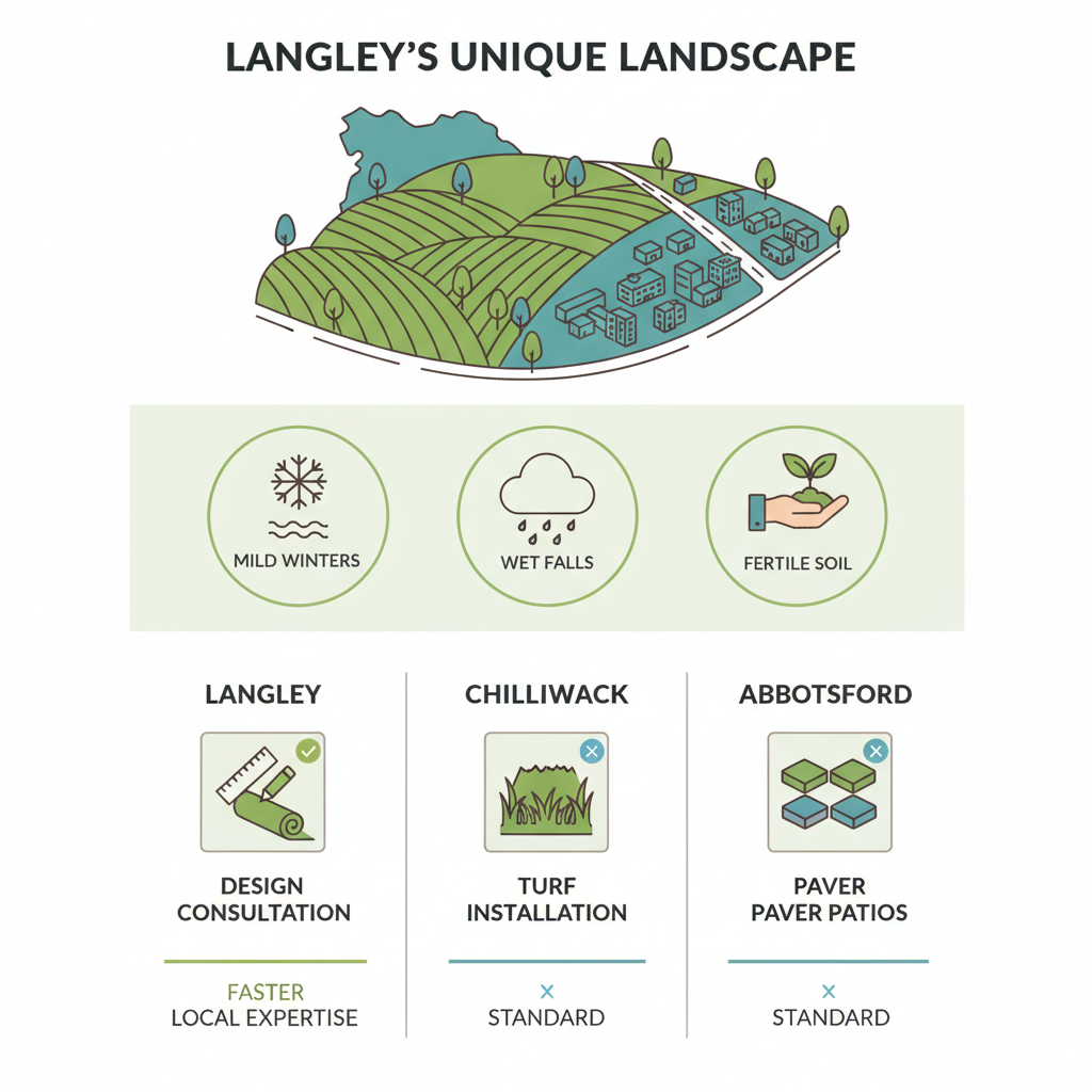 Infographic of Langley's Fraser Valley landscape features, climate icons, and service comparisons with nearby areas